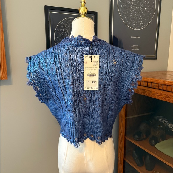 NWT Zara Blue Cable Knit Distressed Metallic Sweater Vest - Picture 3 of 4